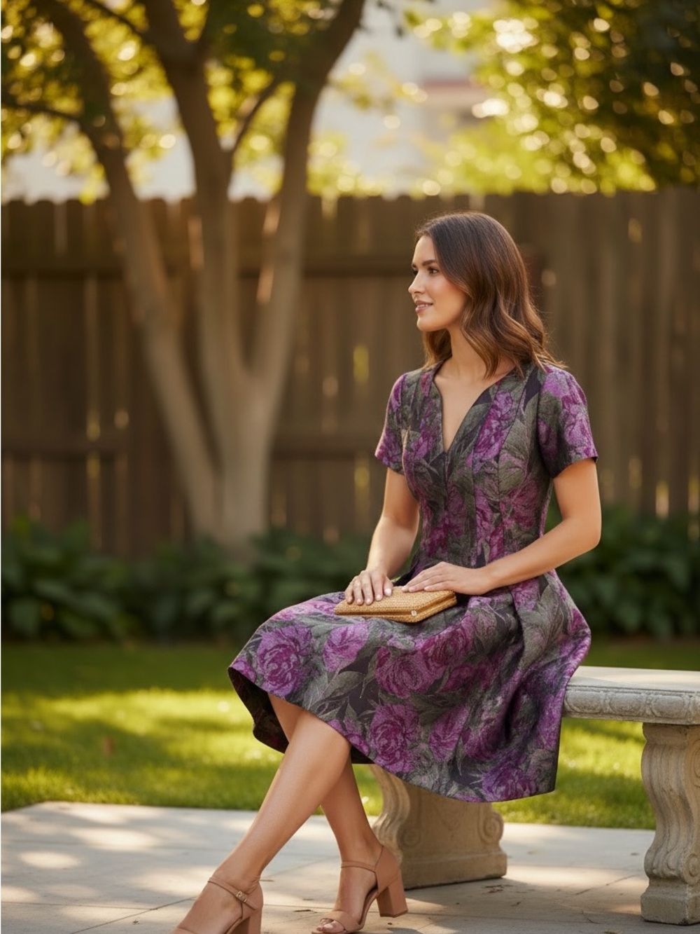 Bigio Collection Seamed Jacquard Dress Size 4 Floral Fit Flare Pink Purple NWT